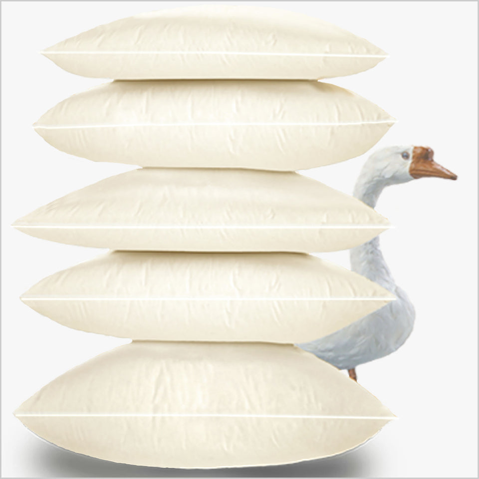 stack of pristine pillows showing  5 fill weights flat fill weight, light fill weight, medium fill weight, supportive fill weight, firm fill weight. Pillows that provide soft, medium and firm support 
